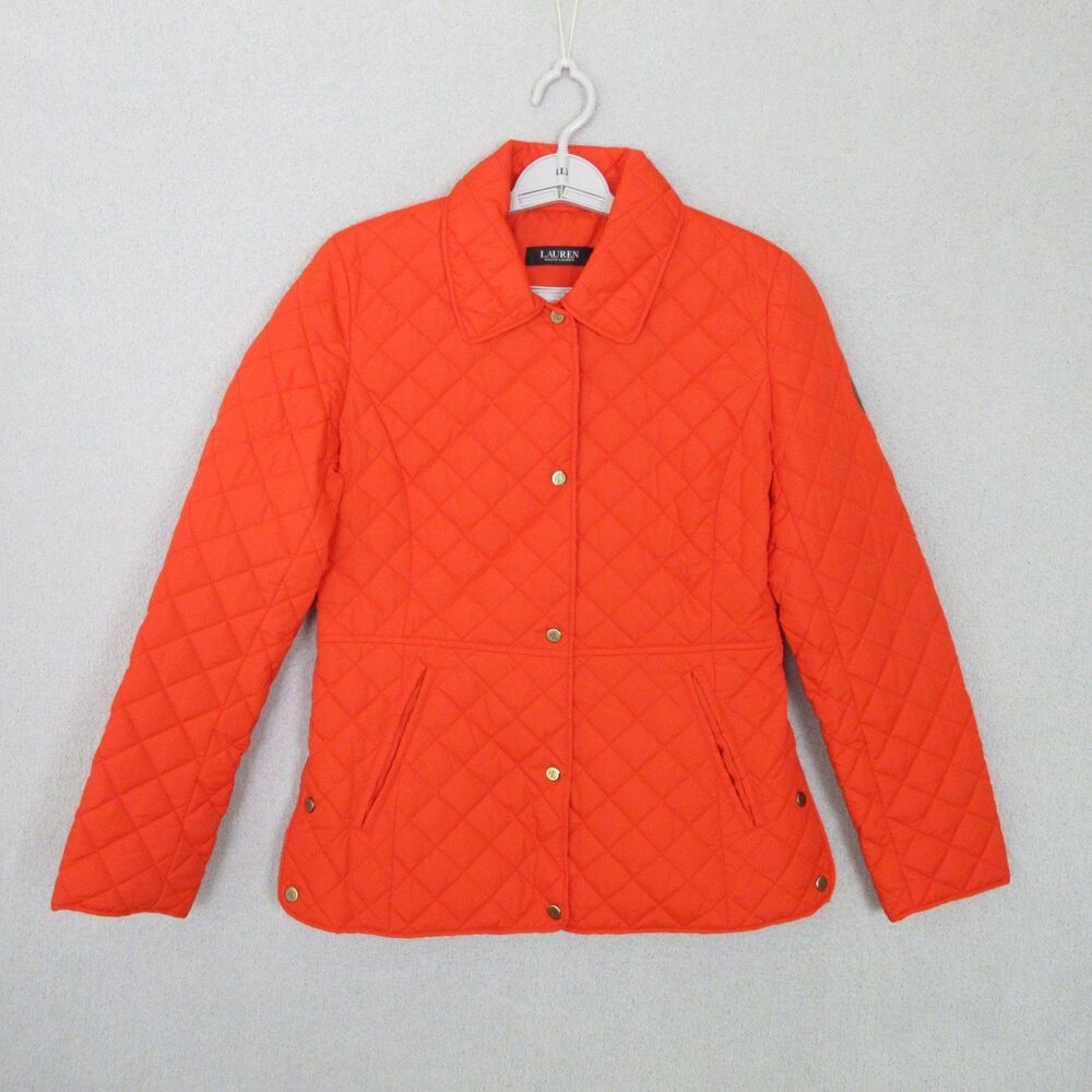 Ralph Lauren LRL Jacket Womens S Orange Quilted Snap Button Collar Pockets